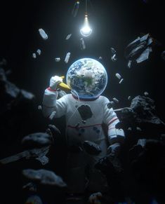 an astronaut is surrounded by debris in the dark with a light bulb above his head