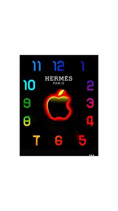 a clock with an apple on it and the words here is written in neon colors