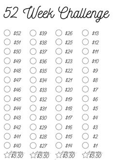 the printable 52 week challenge is shown in black and white with numbers on it