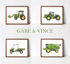 four framed pictures of farm vehicles with the words gabe and vine