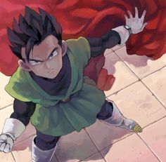 an anime character with black hair and green eyes is standing on the floor in front of a red cloth