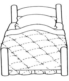 a drawing of a bed with pillows and blankets on it's headboard, in black and white