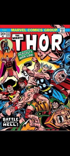 an old comic book cover with the title thor and other characters in front of it