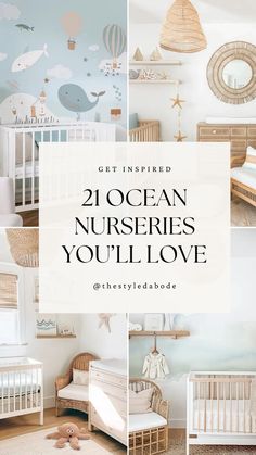 the baby's nursery room is decorated in white and blue with an ocean theme