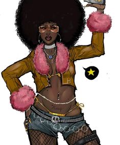 a drawing of a woman with an afro holding a cell phone