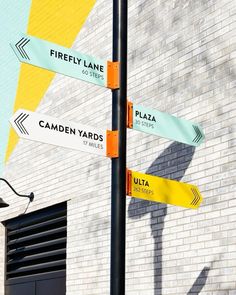 a pole with street signs on it in front of a brick wall that says firefly lane and camden yards