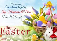 a happy easter card with an image of a bunny in a basket