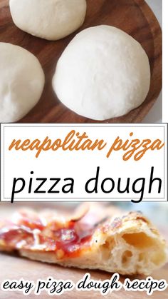 three pizza doughs on a wooden plate with the words neapolian pizza dough