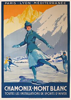 Chamonix Winter Olympics Vintage Ski Poster Ice Skating Images, Art Deco Travel Posters, Spring Festival Poster, Alpine Village, Art Deco Poster