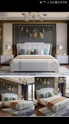 two pictures of a bedroom with white and gold furniture