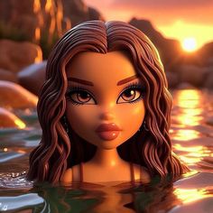 a doll is floating in the water with her eyes wide open and long hair blowing back