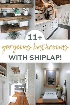 bathroom with shiplap and open shelving in the middle, surrounded by white cabinets