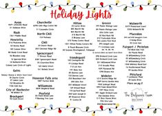 the holiday lights list is shown in red, white and green with christmas lights on it