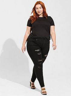 Plus Size Bombshell Skinny Premium Stretch High-Rise Destructed Jean, BLACK Plus Size Jeans Black, Plus Size Balck Jeans, Black Jeans Plus Size, Destructed Jeans, Trendy Plus Size Fashion, Flattering Jeans, Premium Denim Jeans, High Rise Denim Jeans, Jeans Plus Size