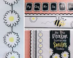 two pictures of bulletin boards with flowers on them and the words be the reason someone smiles today