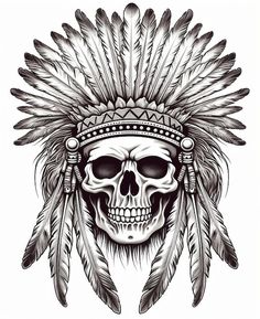 Indian Skull Tattoos Warriors, Native Warrior Tattoo, Skull Indian Headdress Tattoo, Headdress Tattoo Design, American Skull Tattoo, Native American Skull Tattoo, Native American Headdress Tattoo, Headdress Drawing, Tattoos Skeleton