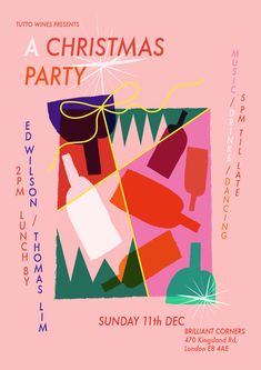 a poster for a christmas party with wine bottles and corks on it's pink background