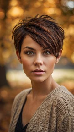 Trendy Soft Waves with Dark Fall Hair Colors 2024 🍂 Pixie Messy Hair, Short Hair Middle Part Hairstyles, Lowlights For Brown Hair Short, Short Hair Dark Brown With Highlights, Versatile Pixie Haircut, Fall Pixie Hair Color For Brunettes, Winter Pixie Haircut, Fall Haircuts 2024 Short, Semi Short Haircuts For Women