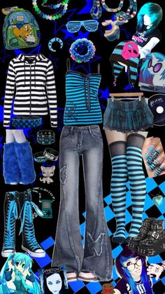 blue scene outfit - - - #scene #emo #alternative #2010s #tumblr #blue #scenekid #goth #domo #boots #converse #legwarmers #candy #bracelets #beads #bag #adventuretime #outfit #outfitinspo #outfitinspiration #inspiration #tanktop #jeans #belt #aestehthic #rave #skirt #stripes #hoodie #collage Blue Punk Aesthetic, Blue Scene Outfits, Winter Scene Outfits, Blue Emo Aesthetic, Scenecore Aesthetic Outfit, Outfits With High Tops, Scenecore Aesthetic, Scene Fits