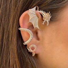 IRIJEWELRY SINGLE STATEMENT DRAGON EAR JACKET - ROSE SILVER EAR CUFF EARRINGS | eBay Luxury Ear Cuff With Matching Earrings As Gift, Luxury Gift Ear Cuff, Ear Sculpture, Silver Ear Cuff Earrings, Ear Wraps, Dragon Ear Cuffs, Snakebites, Dragon Earrings, Gold Dragon