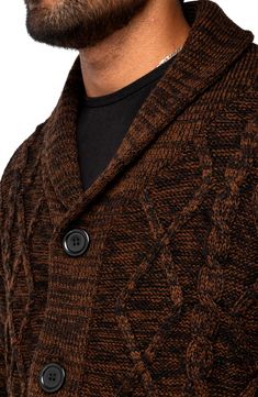 A super soft, plush knit sweater with a buttoned down front will keep you feeling snugly warm during any chilly day. Fit: this style fits true to size. 30" length (size L) Shawl collar Long sleeves Front button closure Cable knit construction Ribbed trim 70% acrylic, 30% polyester Dry clean only Imported Model stats: 6'1" height, 32" waist. Model is wearing size L. Brown Winter Sweater Coat With Buttons, Brown Buttoned Sweater Coat For Winter, Casual Winter Sweater With Button Closure, Brown Button-up Sweater Coat For Winter, Cozy Winter Sweater With Button Closure, Winter Knit Sweater With Buttons, Brown Buttoned Sweater For Winter, Black Knitted Button-up Sweater, Brown Button-up Sweater Coat For Fall