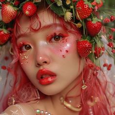 Strawberry Fairy Makeup, Strawberry Makeup Aesthetic, Strawberry Eye Makeup, Strawberry Shortcake Makeup, Strawberry Makeup Look, Korean Strawberry, Rave Look, Strawberry Makeup, Gem Makeup