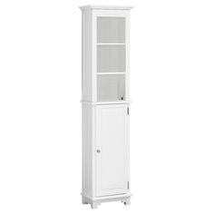 a tall white cabinet with two doors and shelves on the bottom shelf, against a white background