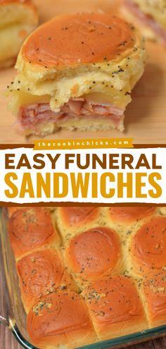 Whip up these Easy Funeral Sandwiches! They're a must-have football food idea. Comforting and delicious, these baked ham and cheese sliders are sure to be a crowd-pleaser at your tailgating party. Save this Hawaiian roll slider recipe for the perfect game day appetizer! Sandwich Ham Recipes, Meat And Cheese Snack Ideas, Easy Sandwich Recipes For A Crowd, Sliders For Tailgating, Recipe For Sliders Hawaiian Rolls, Sandwich Ideas For A Crowd, Dollar Roll Sandwiches, Ham And Provolone Sliders Kings Hawaiian