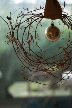 a bird's nest hanging from the side of a window with an ornament on it