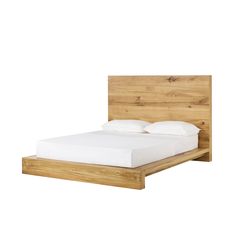 a wooden bed frame with white sheets and pillows on it's headboard, in front of a white background