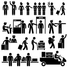 black and white pictograms of people at the airport stock photo, illustration