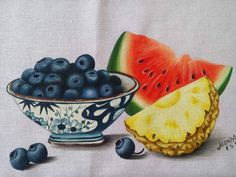 a painting of blueberries and watermelon in a bowl