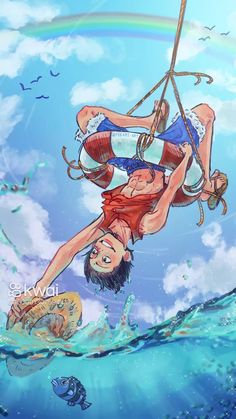 two people are suspended in the air above water with fish and rainbows behind them