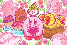 an image of some cartoon characters with flowers in the background and one has a heart on it