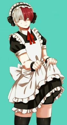 an anime character with red hair and black stockings, holding a white apron in her hands