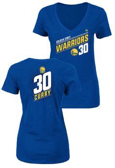 a women's blue t - shirt with the number 30 on it and warriors logo