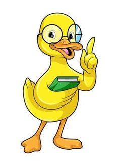 a yellow duck with glasses holding a book