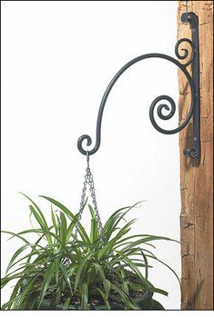 a potted plant hanging from a metal hook on a wooden post next to a white wall