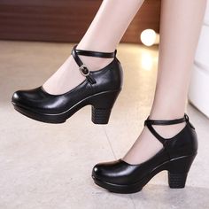 • Heel Type: Square Heel• Upper Material: Genuine Leather• Toe Shape: Pointed Toe• Platform height: 0 - 1.18 in• Heel height: Very High 3 in • Fit: Fits true to size, take your normal size• Occasion: Office and Career• Lining Material: Polyurethane• Season: Spring/Autumn• Sole Material: Rubber• Closure Type: Buckle Str Heels For Ladies, Shoes Mary Janes, Square Shoes, Basic Heels, Womens Wedding Shoes, Genuine Leather Shoes, Leather Mary Janes, Shoe Show, Black High Heels