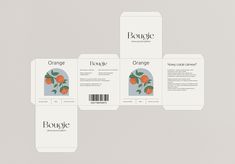 four business cards with oranges on them and the name bougie written in black