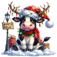 a cow wearing a santa claus hat and scarf sitting in the snow with a sign that says north pole