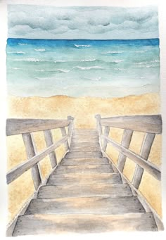 a watercolor painting of a beach scene with stairs leading to the ocean and sand