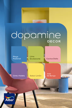 an advertisement for a furniture store with different colors and shapes on the wall in front of it