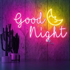 a neon sign that says good night next to a cactus