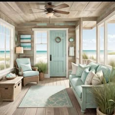 a living room filled with furniture and a blue door in the middle of an open floor plan