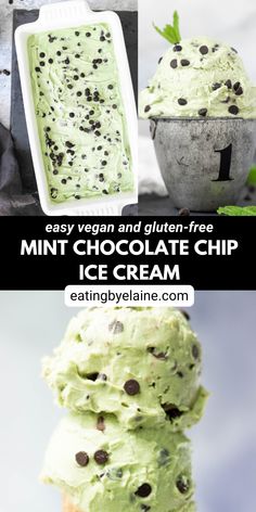 Vegan mint chocolate chip ice cream in the pan, in a dish and shown as scooped. Chocolate Chip Ice Cream Recipe, Mint Chocolate Desserts, Vegan Nutella, Frozen Dessert Recipe