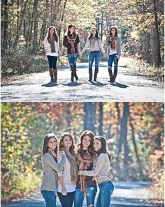 four girls standing in the middle of a road