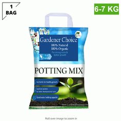 the bag is full of potting mix for growing plants and flowers, with text on it