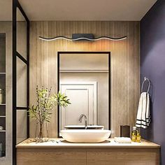 a bathroom with a sink, mirror and shelves on the wall next to each other