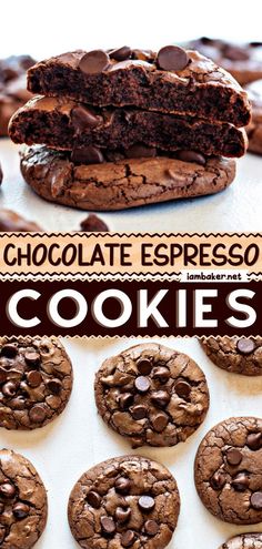 chocolate espresso cookies are stacked on top of each other with the words, chocolate espresso cookies